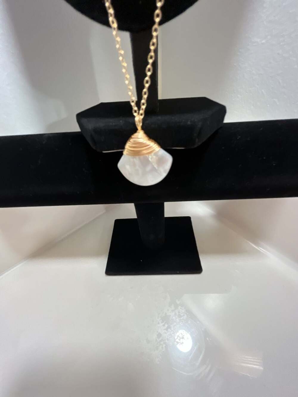 Gold Wire Wrapped Mother of Pearl Shell Fan Pendant Necklace
